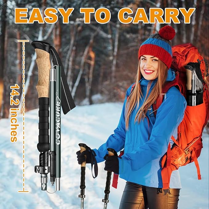 COVACURE Trekking Poles - Collapsible Hiking Sticks with Anti-Shock Tips, Lightweight & Foldable Walking Sticks for Snow Trails & Mountain Climbs, Durable Trekking Gear for Men and Women