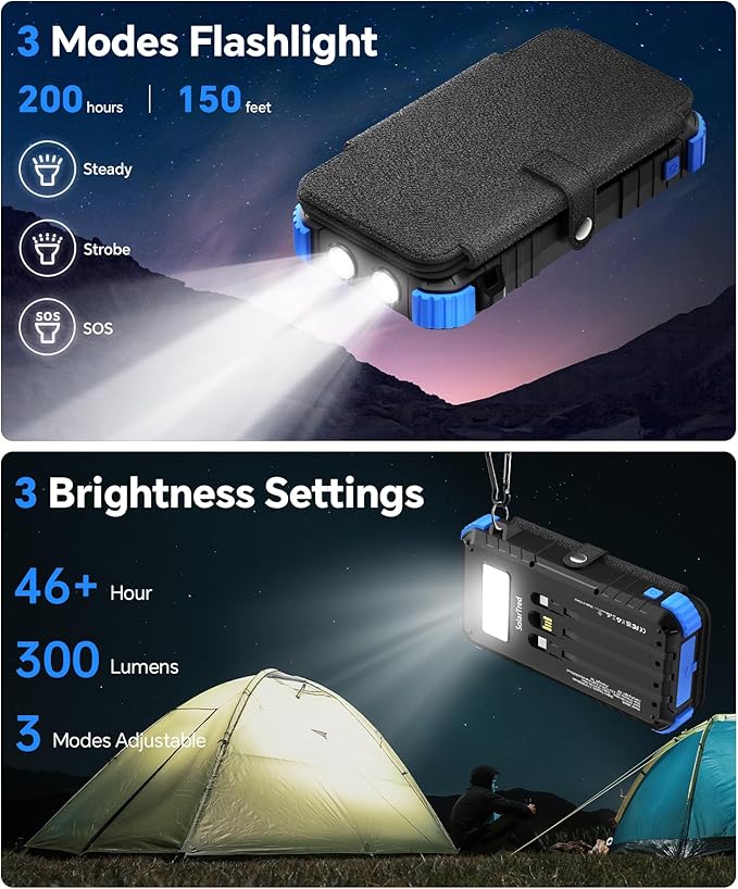Solar Power Bank 45800mAh with 4 Panels, Portable Solar Charger with Build-in 3 Cables for iPhone, USB C in/Output 15W Fast Charging External Battery Pack with Flashlight & Camping Light