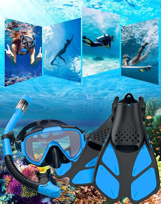 Snorkeling Gear for Adults Men Women,4 in 1 Snorkel Set with Panoramic View Diving Mask Anti-Fog Anti-Leak,Dry Top Snorkel,Fins and Travel Bag for Swimming,Snorkeling and Travel Diving