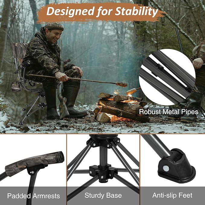 REDCAMP 360° Swivel Hunting Chairs for Ground Blinds, Portable Folding Camo Camping Chairs for Adults Hunting Seats with Hard Arms for Fishing Camping
