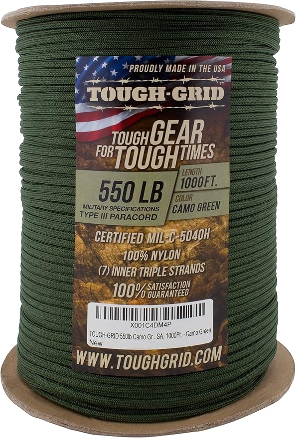 TOUGH-GRID 550 Paracord Rope Nylon Parachute Cord, Made in USA Survival Kit, Outdoor Adventures, Camping, Tactical Gear & Emergency Supplies, Military Type III Mil-Spec