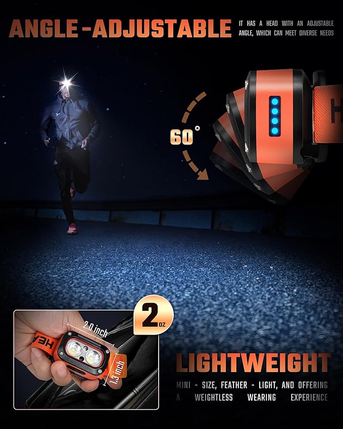 DARKBEAM LED Headlamp High Lumens USB Rechargeable Dual Light Headlight for Hardhat with Motion Sensor, Red Warning Light Up/Down Adjustable, Waterproof Head Lamps for Camping, Car Maintenance, 2 Pack