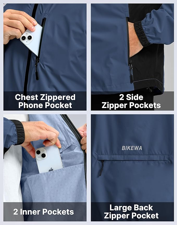 Men's Cycling Rain Jackets Waterproof Running Bike Windbreaker Lightweight Packable Hooded Jacket