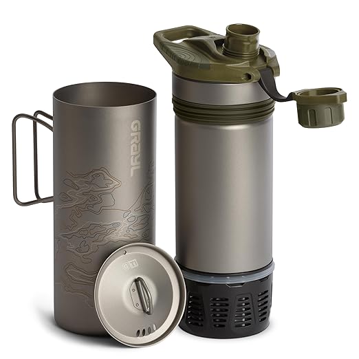 GRAYL GeoPress Titanium 24 oz Water Purifier Bottle with Cooking Lid - Filter for Hiking, Camping, Survival, Travel (Olive Drab)
