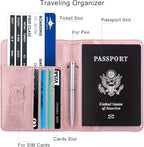WALNEW Passport Holder for Travel, RFID Passport Cover Wallet for Women Men, PU Leather Passport Book Card Holder Case with Pen (Elastic Band Closure, AA-Brown+Rosegold)