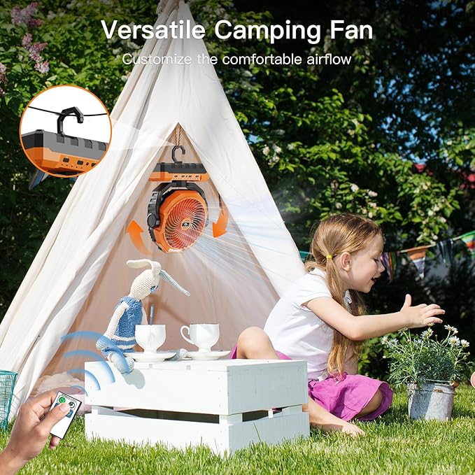 FRIZCOL 3-in-1 Camping Fan - Portable Fans Rechargeable - 24000mAh Battery Powered Fan(140Hrs) with Light & Remote for Indoor, Outdoor, Tent, Travel, BBQ, Fishing, Jobsite - Orange