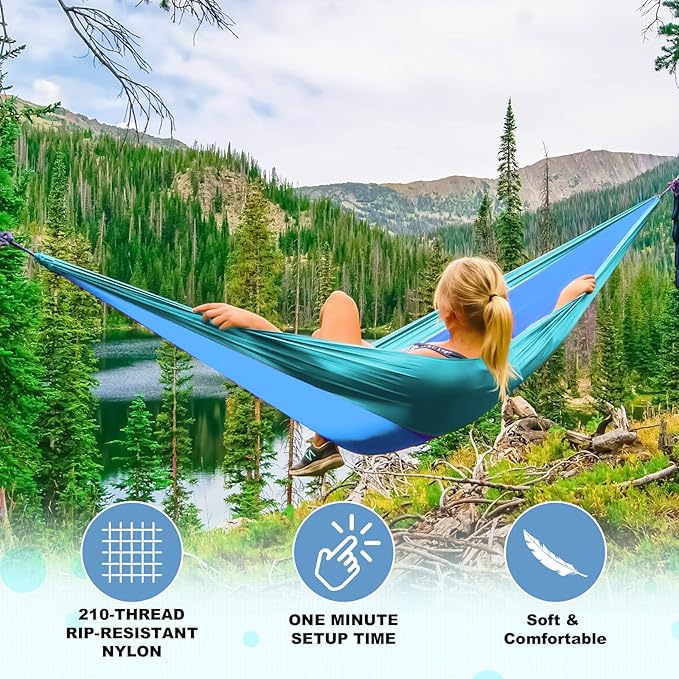 SZHLUX Camping Hammock Double & Single Portable Hammocks with 2 Tree Straps, Great for Hiking,Backpacking,Hunting,Outdoor,Beach,Camping,Dark Blue / Sky Blue