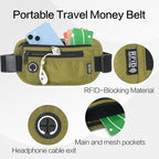 Slim RFID Blocking Money Belt for Travel - Anti-Theft Hidden Passport Holder Waist Wallet with Secure Pouch for Cash, Credit Cards & Phone Safe (Olive-green)