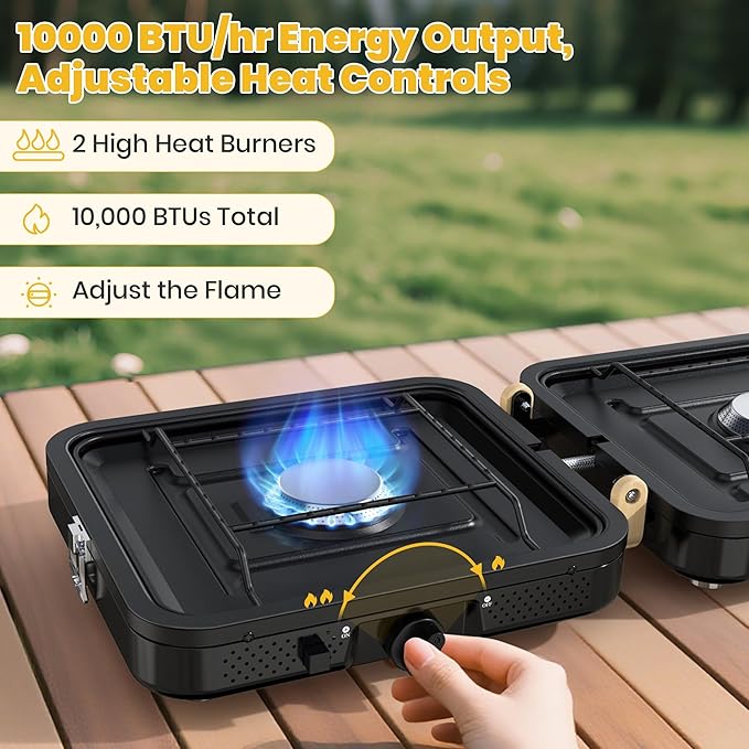 Camp Stove Propane, 2 Burner Folding Propane Camping Stove with Carrying Bag, Adjustable High Heat Burners & Piezo Push-Button Instant Ignition, Outdoor Tailgating, Backyard BBQ Camping Essentials