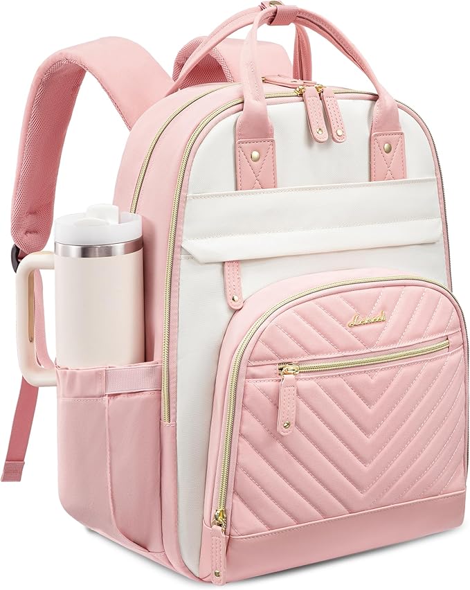 LOVEVOOK Laptop Backpack Women with Giant Tumbler Holder,18.4 inch Waterproof Work Travel Backpack Computer Laptop Bag,Cute College Nurse Teacher Backpack Purse,Gifts for Women & Men,Beige-Pink-Pink