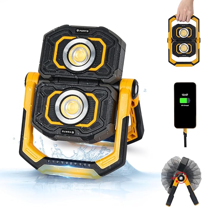FORTO Magnetic Work Light Rechargeable – Dual Light Source, Oil-Resistant & 360° Rotating with Dual Stands for Garage, Car Repair, Workshop & Job Site (Yellow)