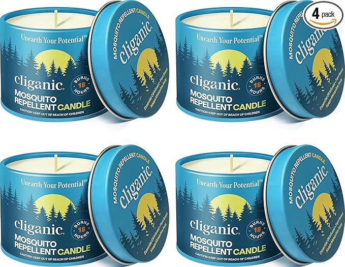 Cliganic Natural Mosquito Repellent Candle (Pack of 4) | Citronella, DEET Free, Essential Oil Infused for Outdoor, Camping | Burns 18 Hours