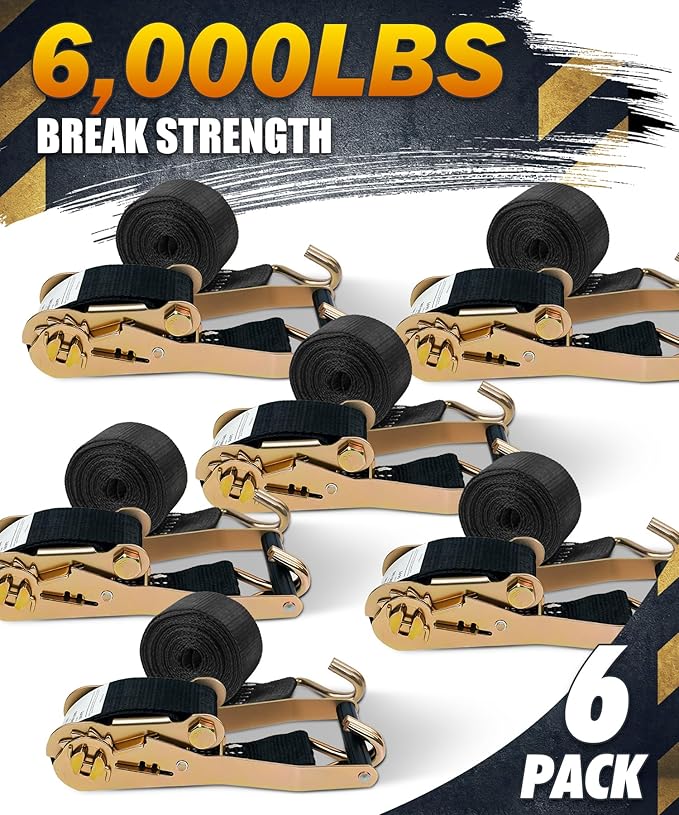 6 Pack 2" x 15ft Ratchet Straps Heavy Duty Tie Down Straps with J Hooks, 2000 LBS Working Load, 6000 LBS Break Strength Cargo Straps for Truck, Trailer, Motorcycle, Moving, Black
