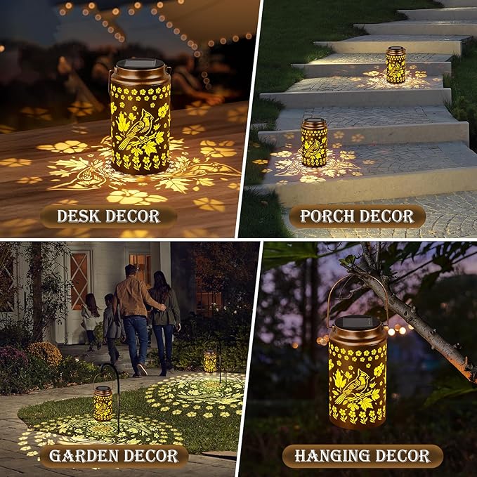 4 Pack Cardinal Solar Lanterns Outdoor Waterproof, Metal Hanging Lights Decorations for Garden Yard Lawn Patio, Cardinal Gifts for Women Mom Grandma Gardener for Mother'Day Christmas