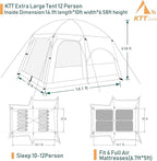 KTT Large Tent 6-12 Person,Family Cabin Tents,Straight Wall,3 Doors and 3 Windows with Mesh,Waterproof,Big Tent for Outdoor,Picnic,Camping,Family,Friends Gathering.