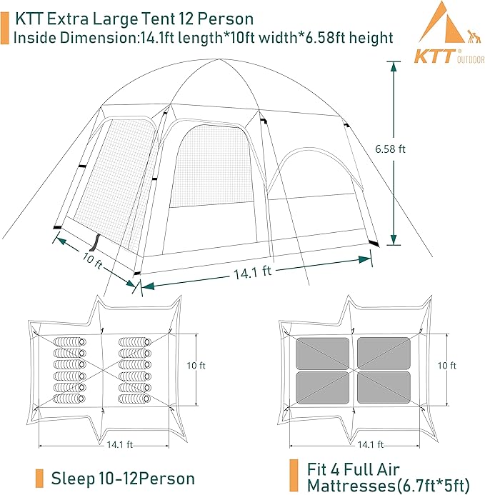KTT Large Tent 6-12 Person,Family Cabin Tents,Straight Wall,3 Doors and 3 Windows with Mesh,Waterproof,Big Tent for Outdoor,Picnic,Camping,Family,Friends Gathering.