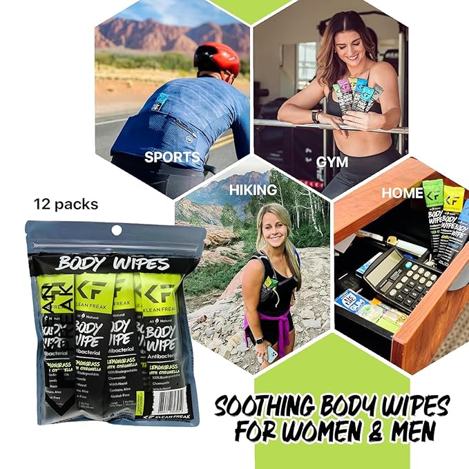 Body Cleansing Wipes - Individual Shower Wipes | Travel, Gym, Camping Wet Wipes for Women & Men | Refreshing No Rinse | Natural Bug Deterrent & Wipe In One | Lemongrass Citronella 12 Pack