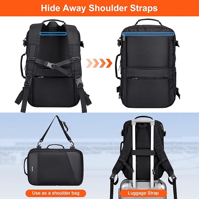 PIJUSHI Travel Backpack for Women Men Carry on Suitcase Backpack Flight Approved Personal Item Bag Fits 16 Inch Laptop(PE035 Black)