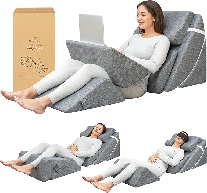6pc Adjustable Orthopedic Wedge Pillow Set – Relieve Acid Reflux, Snoring, Back Pain & Post-Surgery Discomfort (Grey)