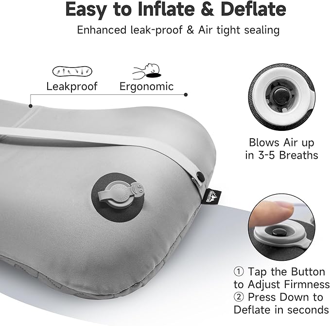 OUTSKIRT Inflatable Camping Pillow, 2-in-1 Travel Pillows for Sleeping, Ergonomic & Lightweight Small Backpacking Pillow for Travel, Hiking, Camping & Outdoor Activities, Grey