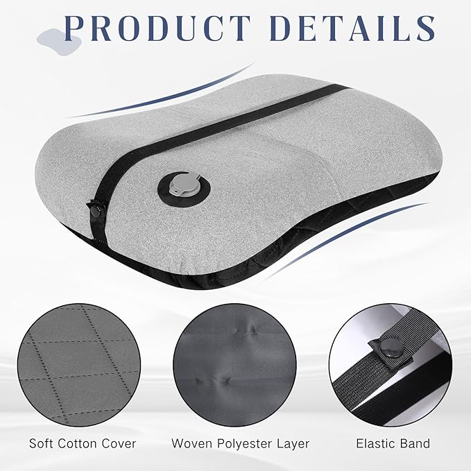 2 Pack Inflatable Travel Camping Pillow with Removable Cover Backpacking Blow up Neck Air Pillow Compressible for Lumbar Support Travel Hiking(Dark Grey)