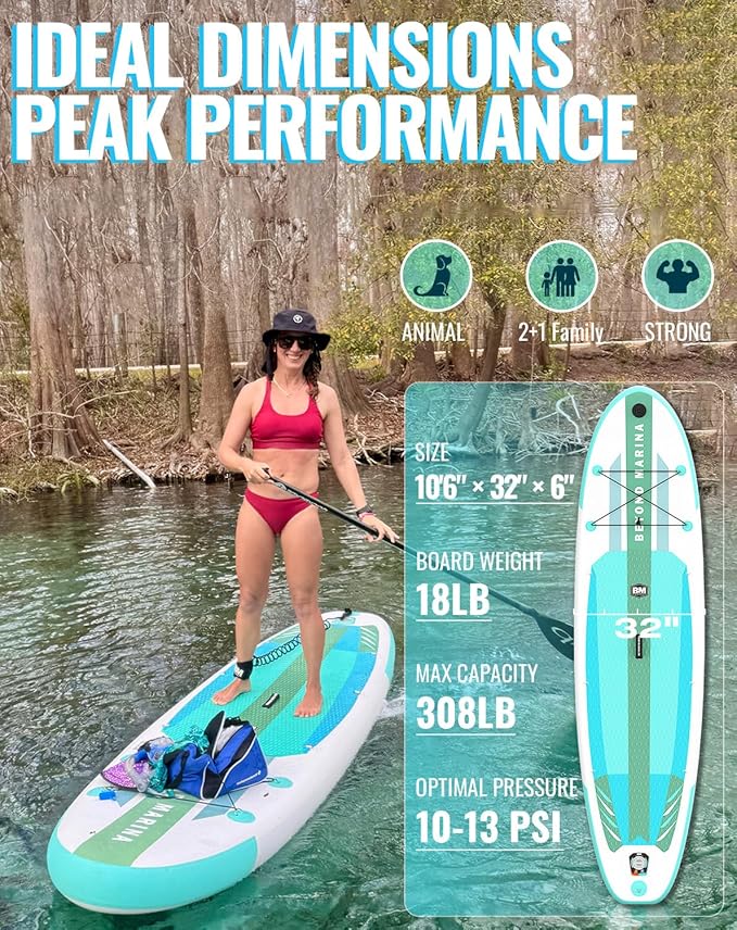 BM Paddle Board Inflatable Stand Up Paddle Board, SUP Paddleboard for Adult, Premium Accessories | Non-Slip EVA Deck & Foam Handles, Camera Mount, Double Action Pump, 85L Travel Backpack