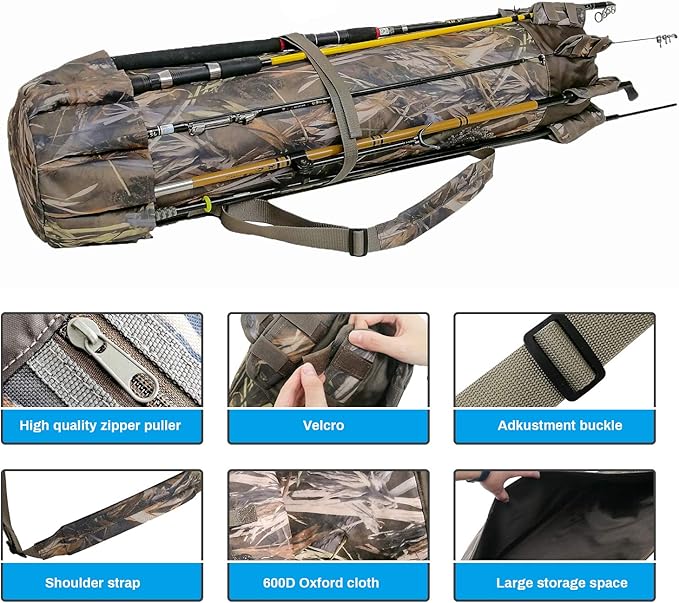 Allnice Durable Canvas Fishing Rod & Reel Organizer Bag Travel Carry Case Bag- Holds 5 Poles & Tackle