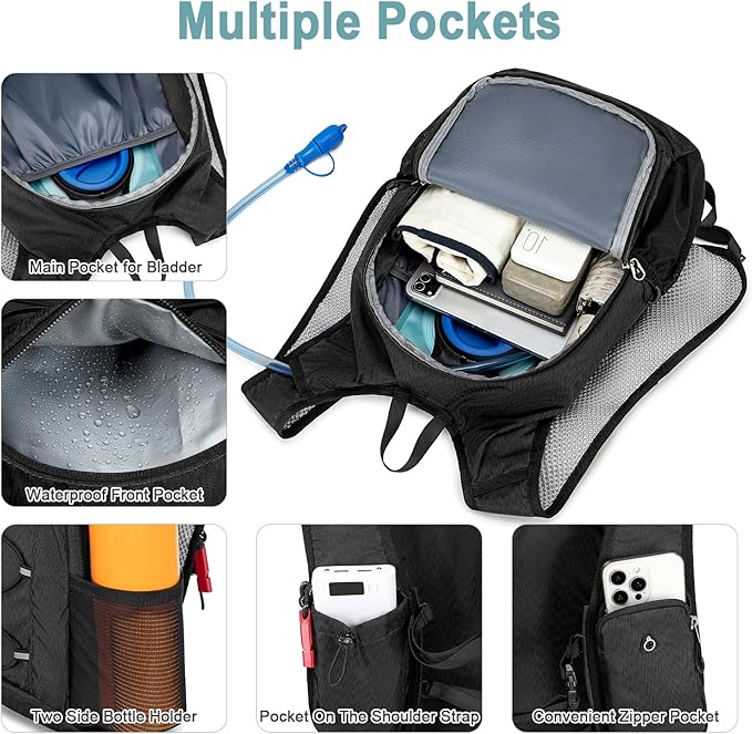 BOVIP Lightweight Hydration Back,15L Multipurpose Hiking Backpack with 1.5L Water Bladder ,Hydro Water Daypack for Cycling Hiking Rave for Men Women