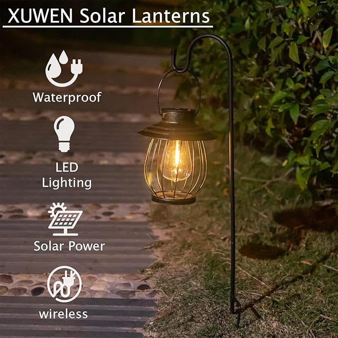 Solar Lanterns Outdoor Waterproof - Outdoor Hanging Lantern with Shepherds Hook, Garden Solar Lights Decorative Gifts for Women Mom Grandma, Lanterns Decorative Outdoor for Yard Patio Backyard Porch