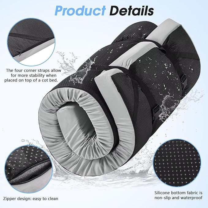 CYMULA Memory Foam Camping Mattress Pad,3inch Sleeping Pad for Camping,Non-Slip Bottom Floor Cot Car Mattress Bed with Retaining Portable Roll up Mattress Pad Mat for Travel Truck Guest Bed Tent