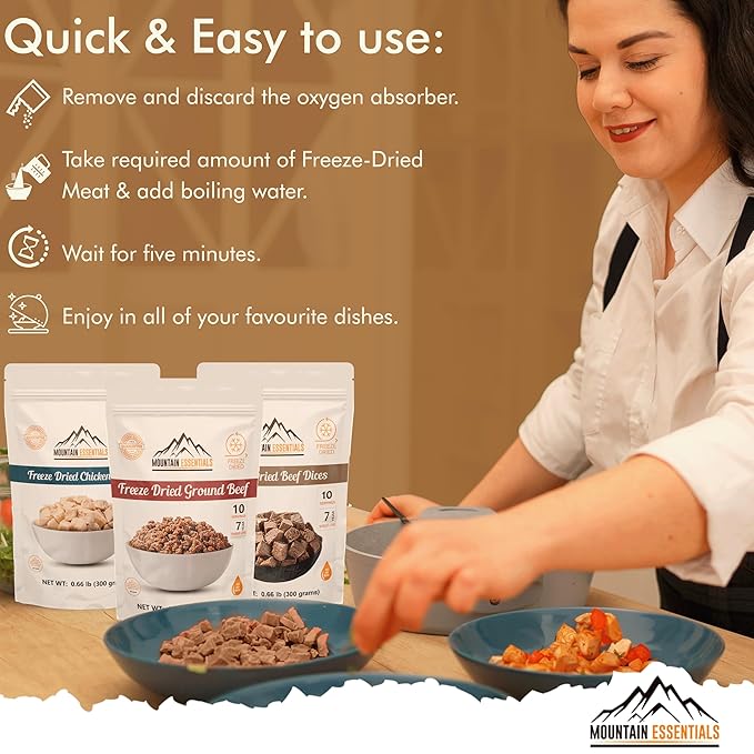 MOUNTAIN ESSENTIALS 120 Servings Freeze Dried Premium Variety Fully Cooked Meat Kit | High Protein Intake Contains 2988 Protein Ready to Eat Emergency Survival Easy Prep Food For Camping & Backpacking