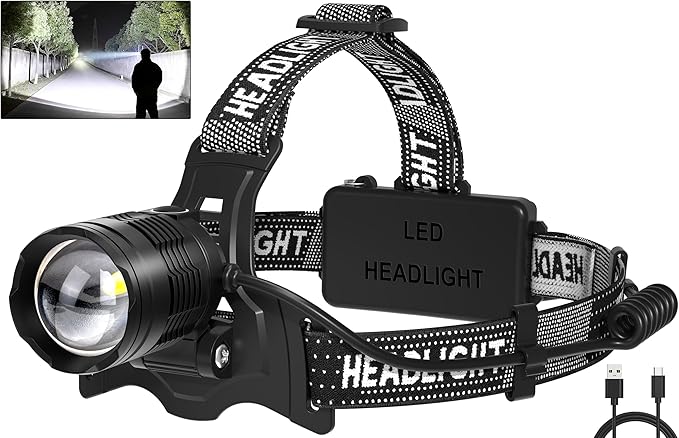 LED Headlamp Rechargeable, 99000 Lumens Bright Head Lamp Βattery Include, 90° Adjustable Head Lights for Forehead with 3 Modes, Long Runtime & Waterproof Headlamps for Adults Camping Hiking