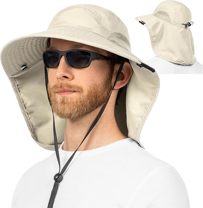 SUN CUBE Wide Brim Sun Hat with Neck Flap, UPF50+ Hiking Safari Fishing Hat for Men Women, Sun Protection Beach Hat