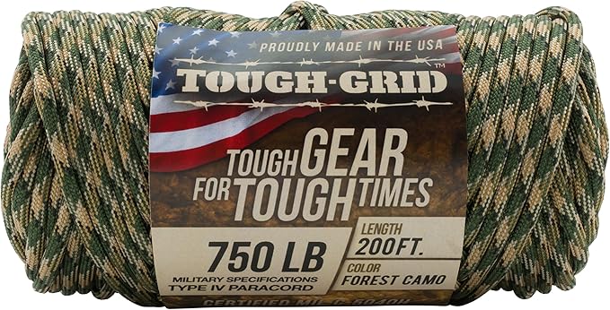 TOUGH-GRID 750 Paracord Rope Nylon Parachute Cord, Made in USA Survival Kit, Outdoor Adventures, Camping, Tactical Gear & Emergency Supplies, Military Type IV Mil-Spec