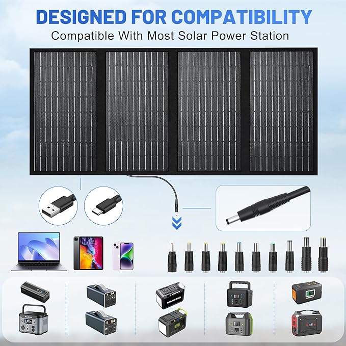 SS60 Portable 60W Solar Panel, Waterproof IP67 Foldable Solar Panel Charger with 18V DC, PD 45W USB-C and 5V USB-A Output for Solar Generator 12V Battery