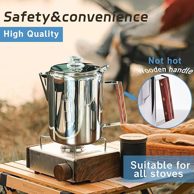 Camping-Fire Coffee Percolator Stovetop Pot- Stainless Steel Stove top Coffee Pot, Unleash Flavor in the Great Outdoors (9 Cups)
