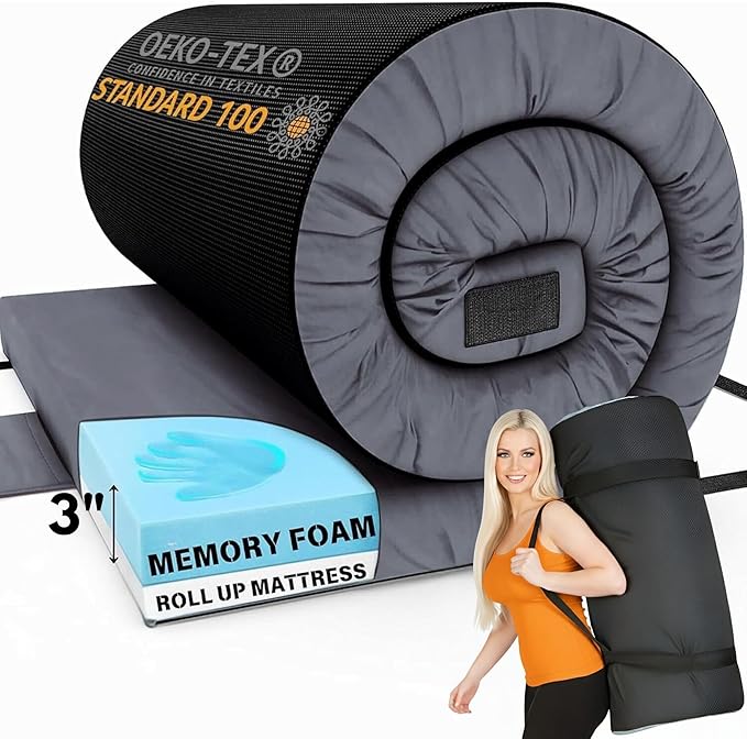 Hazli Matrix Comfort-Cell Memory Foam Camping Mattress Pad - Portable Foam Sleeping Pad for Camping - Roll up Sleeping Mat for Adults - Floor Mattress Guest Floor Bed for Sleepover, Car SUV Cot