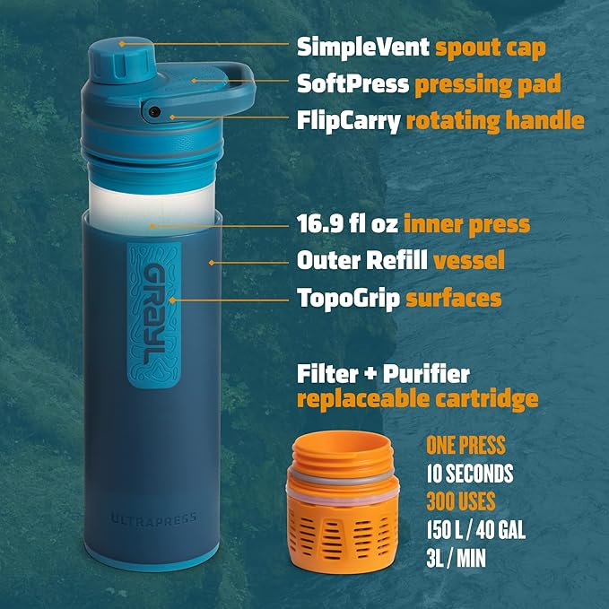 GRAYL UltraPress Water Purifier & Filter Bottle for Hiking, Backpacking, and Travel (Forest Blue)