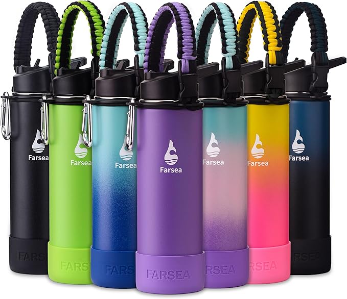 Farsea Insulated Water Bottle With Paracord Handle, Protective Boot and 2 Lids (Straw Lid & Spout Lid), Stainless Steel Water Bottle Wide Mouth, Double Wall Sweat-Proof BPA-Free, 24 oz