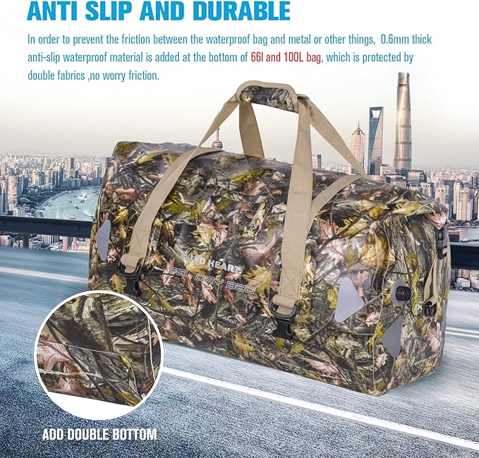 WILD HEART Waterproof Motorcycle Duffel Bag PVC500D Double-bottom With Rope Straps and Inner Pocket 40L 66L 100L for Kayaking, Camping, Boating,Motorcycle