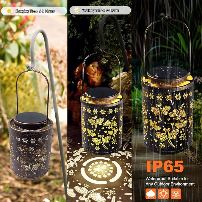 2025 Upgraded Dragonfly Solar Lanterns Outdoor Waterproof Hanging Lights, Hollowed-Out Metal Solar Lantern for Garden, Patio, Porch, Yard Decorations & Gifts for Women, Mom, Grandma
