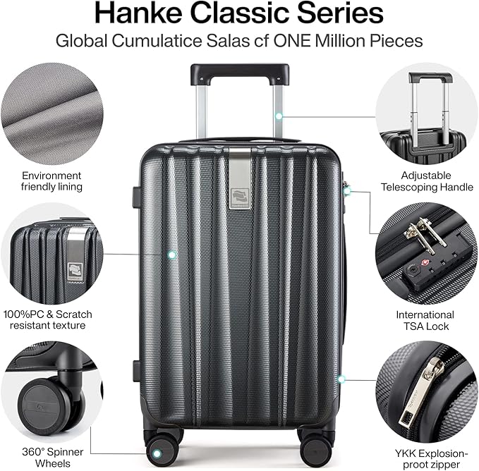 Hanke Luggage Sets 2 piece Carry On Luggage with Wheels PC Hard Shell Suitcases Lightweight Checked Travel Luggage Large Travel Suitcase Woman Men 20/29 Inch(Jet Black)