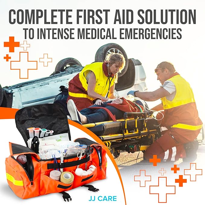 JJ CARE Trauma kit 250PCS First Responder Kit, EMT Bag with Padded Strap, Reflective Medical, Multiple Pockets, EMS First Aid Kit