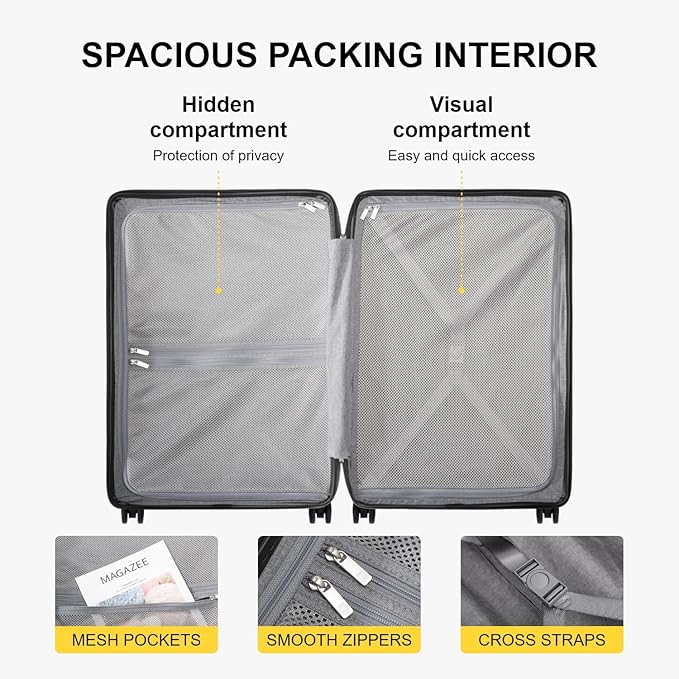 LEVEL8 Checked Luggage, Large Suitcase, Lightweight Luminous Textured Tsa Approved Medium Hardside Luggages with 8 Spinner Wheels, 24 Inch, Dark Grey