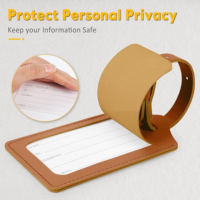 Travelambo 20 Pack Luggage Tags for Suitcases Privacy Protection Bag Tags Faux Leather Travel Accessories Essential, Yellowish Brown