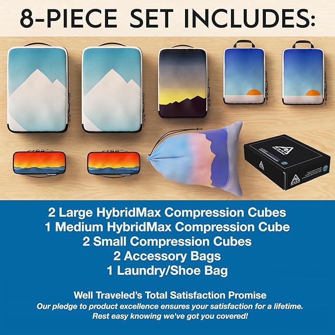 8-Piece Deluxe Packing Cubes Compression For Travel - Maximize Space In Luggage With Hybridmax Double Capacity Design, Large Compression Packing Cubes, Luxury Suitcase Organizer Bags, Complete Set