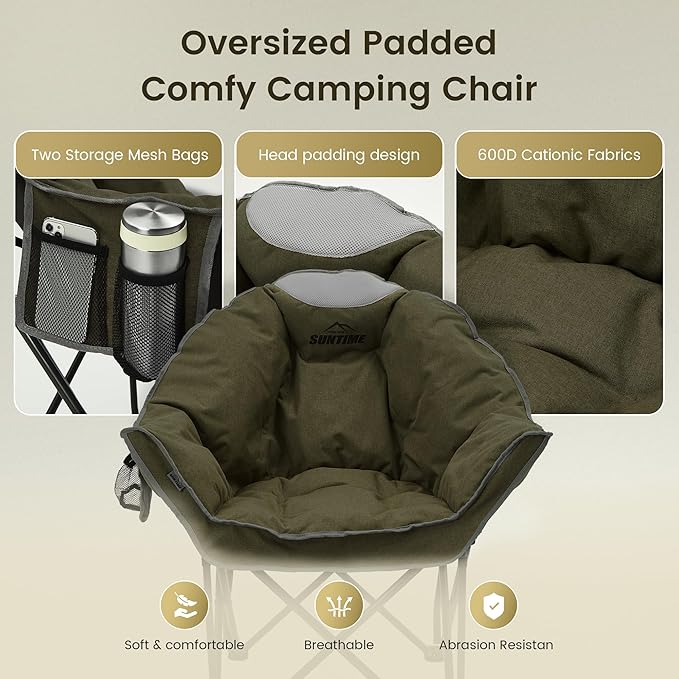 Oversized Padded Comfy Camping Chair for Adults, Portable Padded Lawn Chair, Weight Capacity 400 LBS, Heavy Duty Moon Leisure Folding Chair for Camping, Hiking, Carry Bag, Army Green (2 Pack)