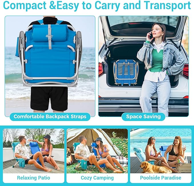 #WEJOY Folding Beach Chair for Adults, 4-Position Aluminum Lightweight Beach Chair, Low Sands Chairs with Shoulder Strap, Cup Holder and Padded Headrest, Supports 265lbs for Lawn