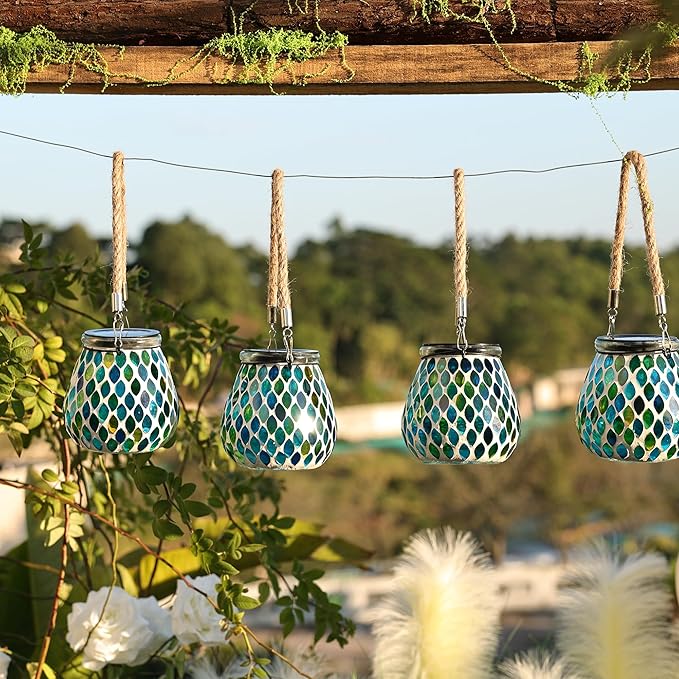 Cooo 4 Pack Mosaic Solar Lantern Outdoor Waterproof IP68 Hanging Projection Light Hidden Lid Pear-Shaped Lantern with Rope Handle Solar Powered Auto On for Patio Garden Fence Table - Azure Lattice