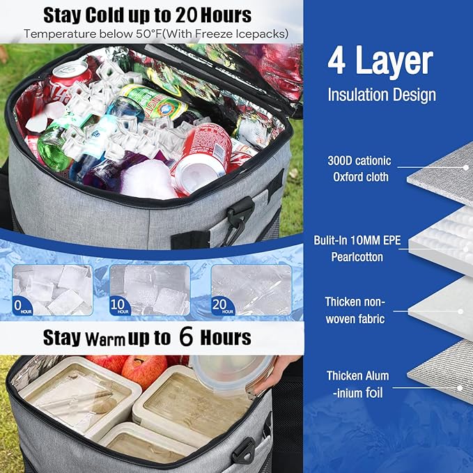 Collapsible Large Rolling Cooler 60-Can/40L,3-in-1 Insulated Soft Cooler Bag,Adjustable Wheels&Handle, Rolling Cooler Cart for Beach Camping Travel Outdoor Hot Takeout Orders